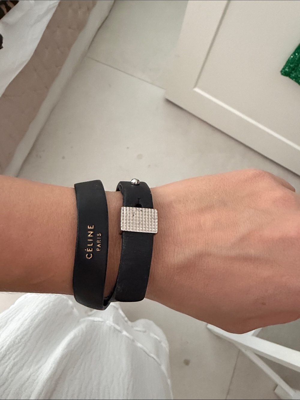 Celine Black Double-Wrap Leather Bracelet with Silver Accent